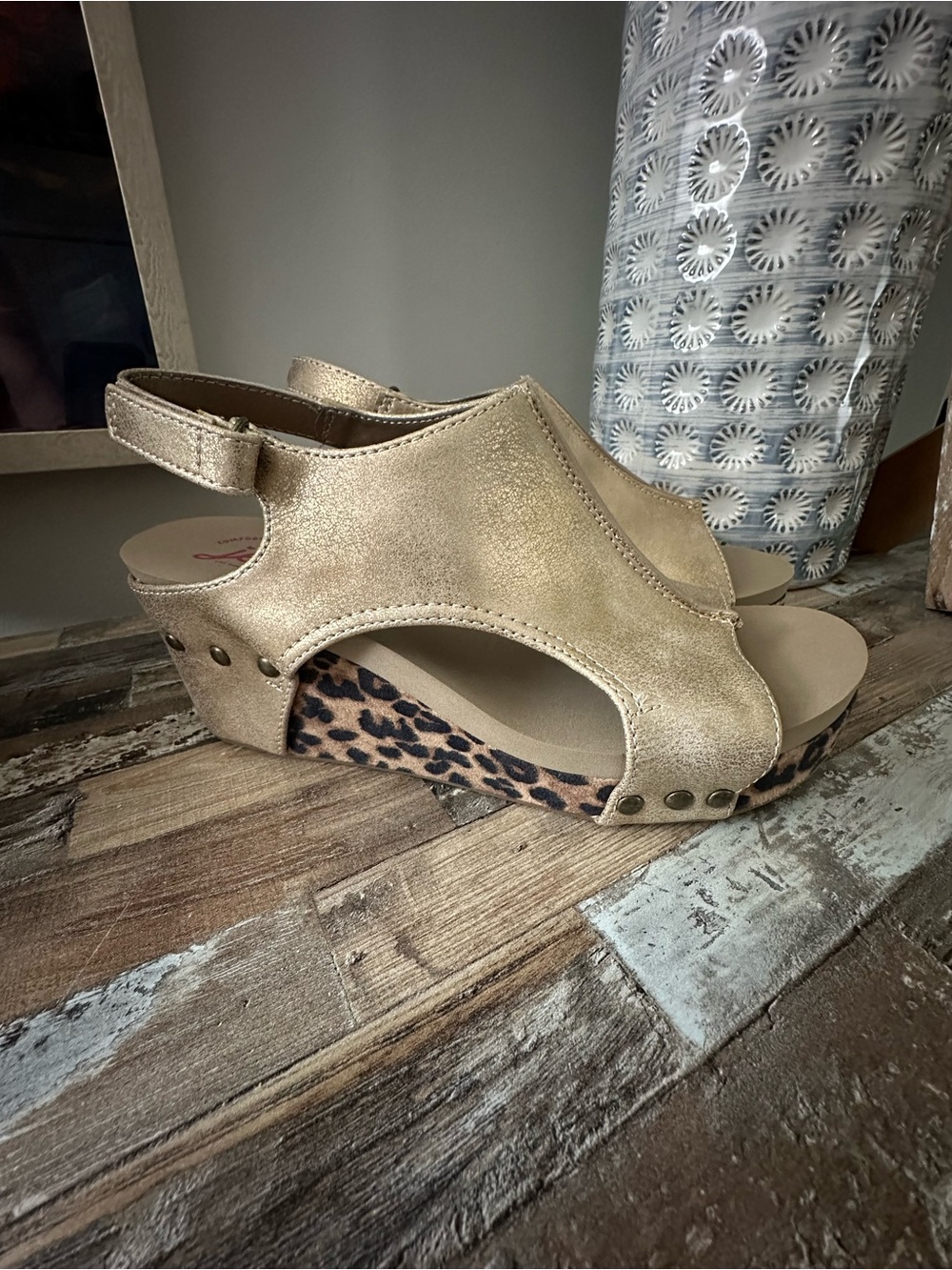 Metallic Gold Jellypop Peep-Toe Wedge Sandals with Leopard Platform